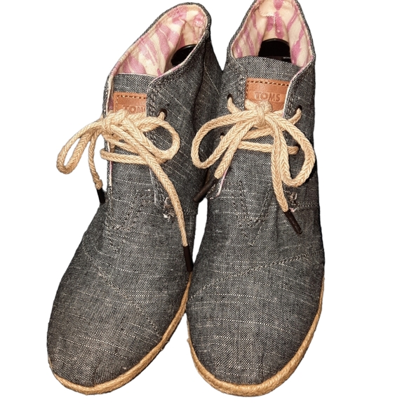 Toms Blue Chambray Lace-up Jute Wedge Bootie SZ 9 - Picture 2 of 10